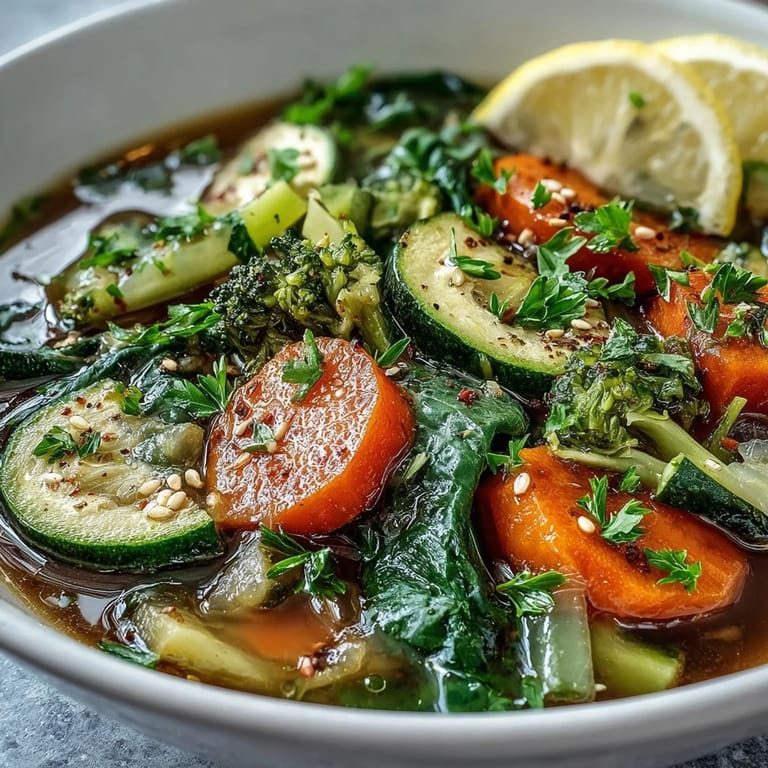 Bright garnishes of parsley, sesame seeds, and lemon wedges accent this anti-inflammatory broth bowl.