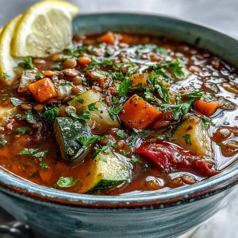 Lentil and Vegetable Soup simmered with cumin and paprika, garnished with parsley and lemon wedges.  
