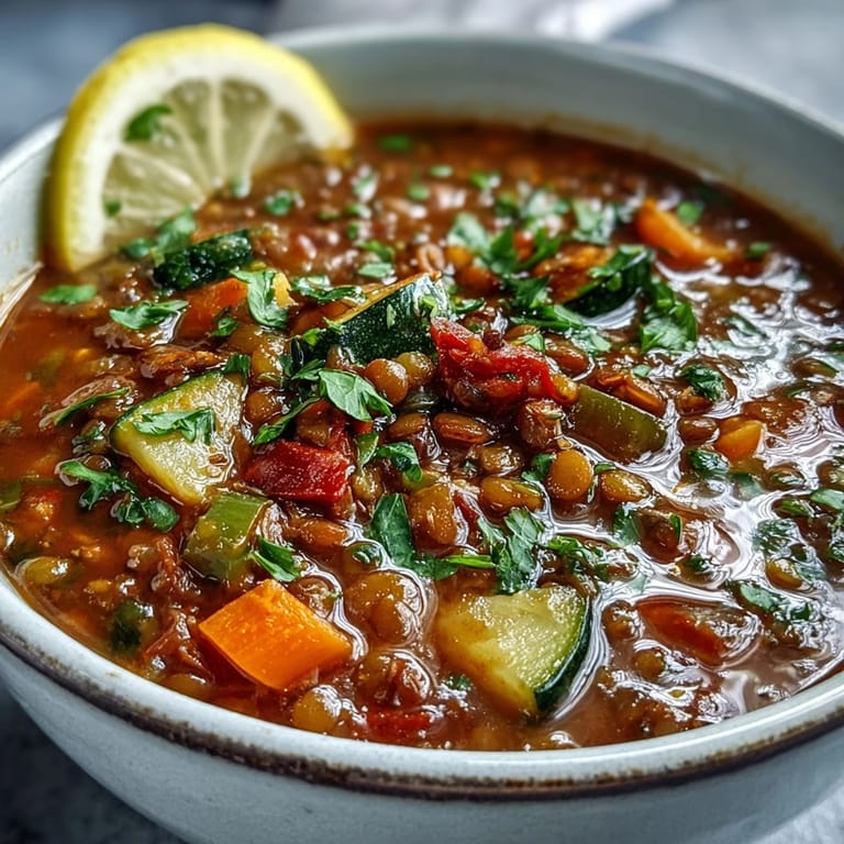 Hearty Lentil and Vegetable Soup in a rustic bowl, paired with crusty bread for dipping.