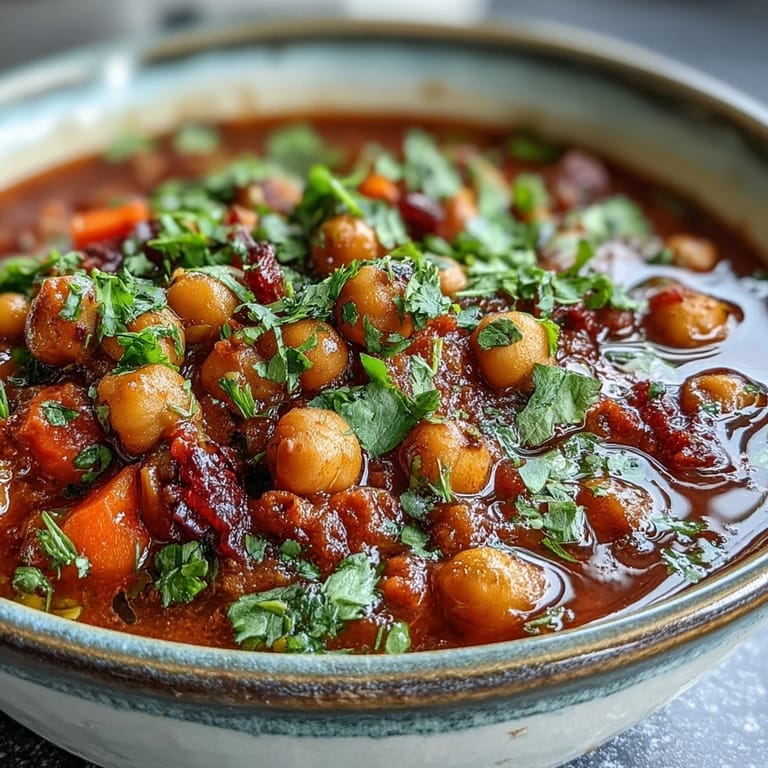 Spicy Chickpea Stew simmering in a Dutch oven with bay leaf, cilantro, and spices for a hearty meal.