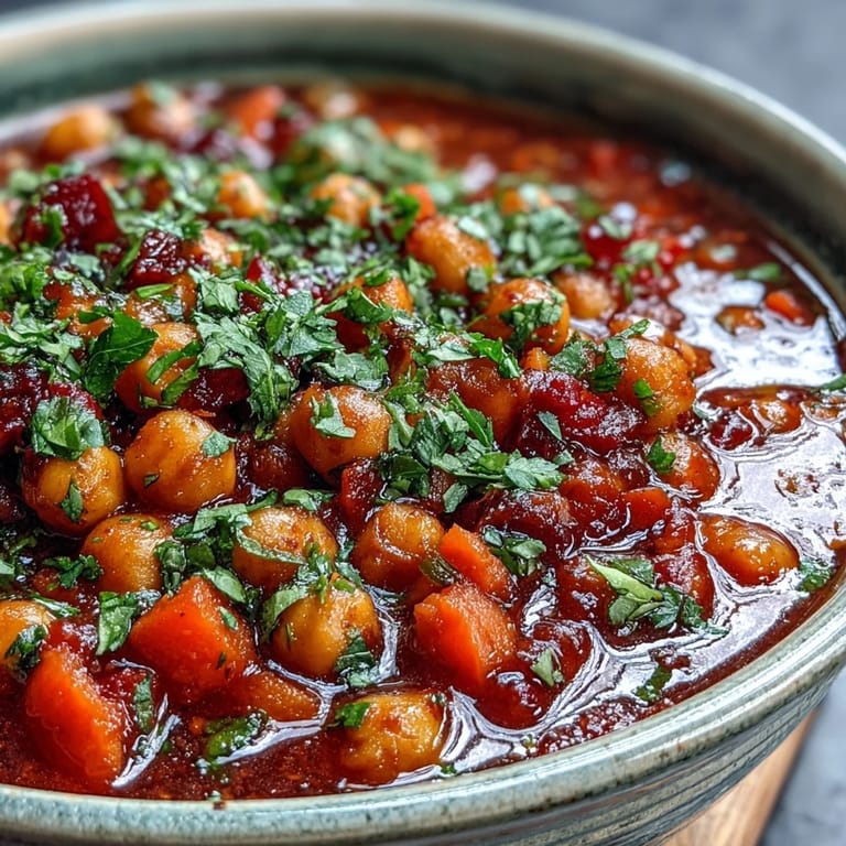 Close-up of vibrant Spicy Chickpea Stew topped with fresh cilantro, ready to serve with crusty bread.
