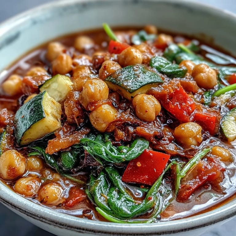Fresh spinach wilts into this warm, plant-based chickpea stew, served in a rustic bowl with a lemon wedge.