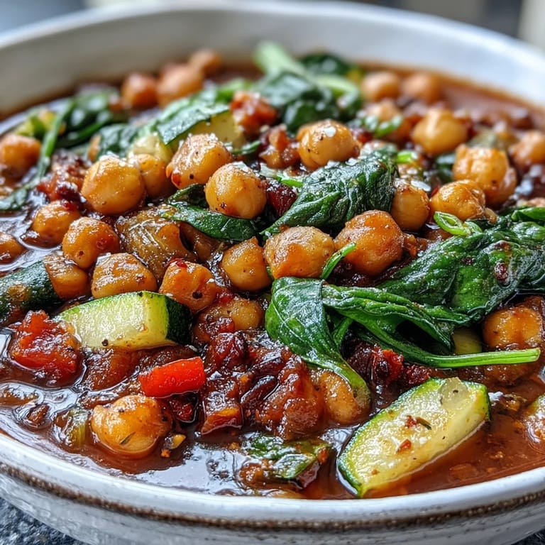 A ladle of golden chickpea stew rests over chickpeas and zucchini, garnished with parsley and ready to serve.