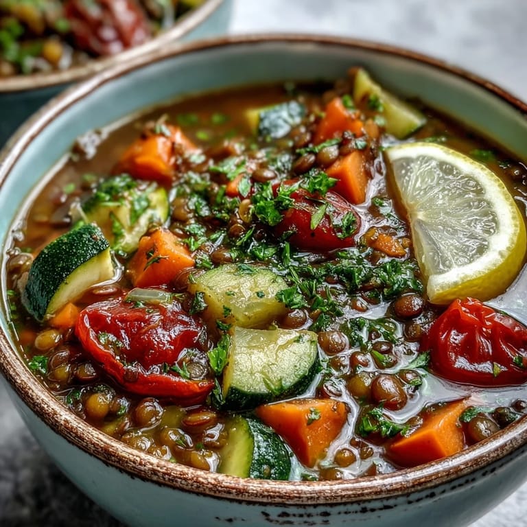 Hearty Lentil and Vegetable Soup simmering in a pot, filled with diced zucchini, celery, and aromatic herbs, perfect for a cozy meal.