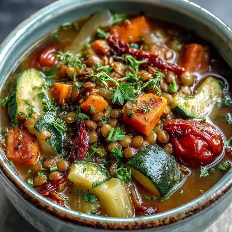 Vibrant Lentil and Vegetable Soup garnished with fresh parsley and a lemon wedge, showcasing roasted veggies in a nourishing, broth-based dish.