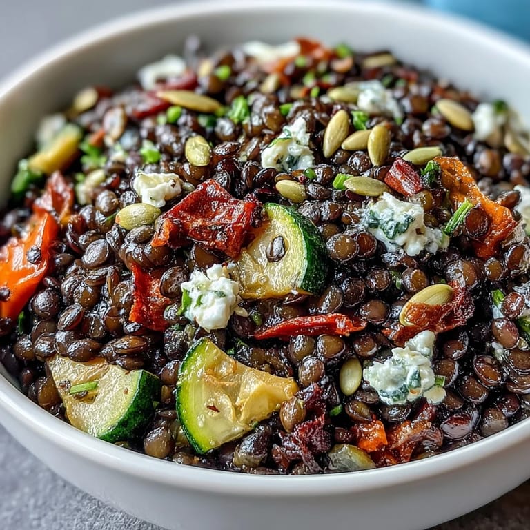 A wholesome black lentil salad in a white bowl, showing glossy roasted vegetables and crumbled feta, with a fork resting on the side.