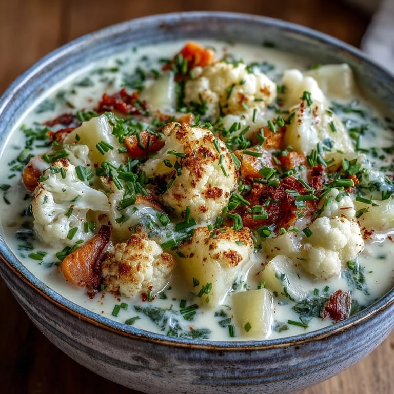 Steaming pot of vegetarian cauliflower chowder showing creamy texture and tender vegetable chunks.