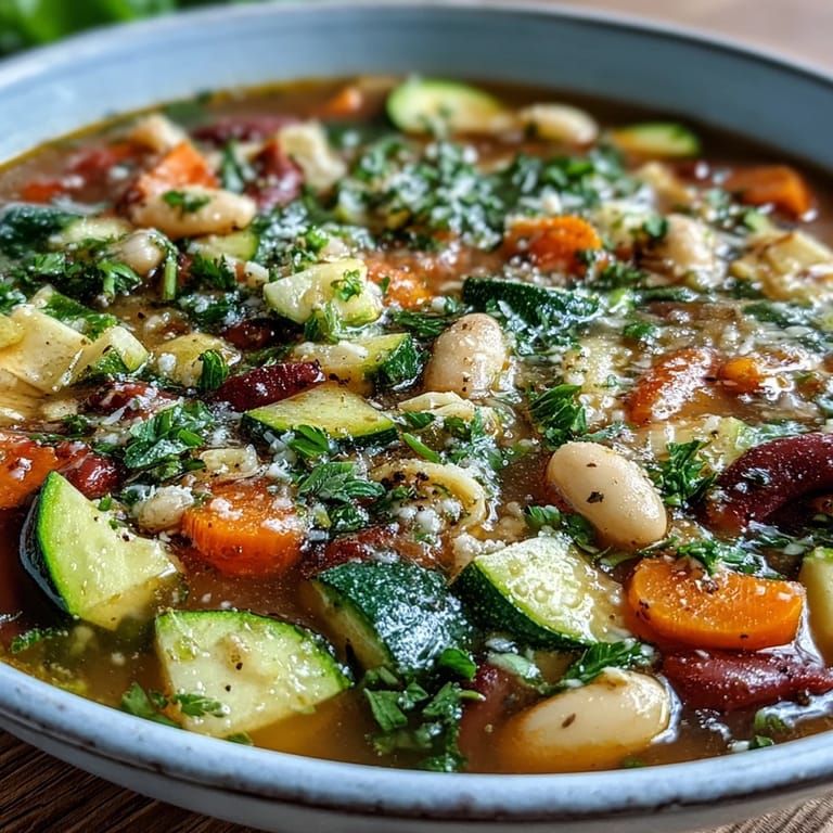 Steaming bowl of Minestrone Vegetable Soup with cannellini beans, spinach, and fresh parsley garnish, served alongside crusty Italian bread on a wooden table.