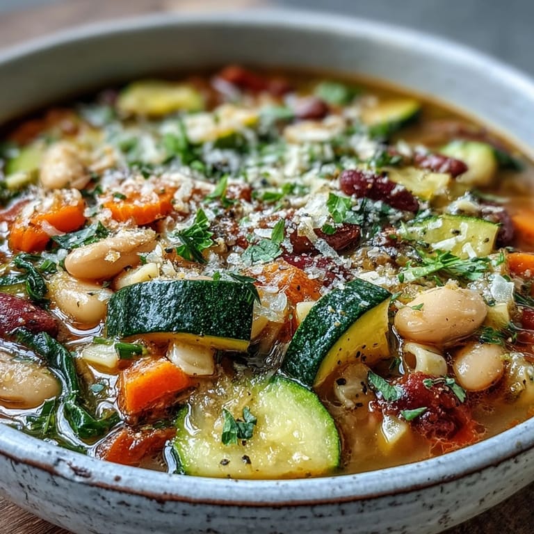 A hearty ladle of Minestrone Vegetable Soup lifted from a large pot, revealing tender zucchini, carrots, and ditalini pasta in the savory vegetable broth.