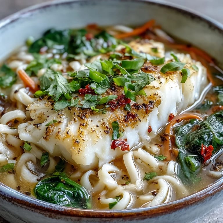 Steam rises from a warm bowl of Poached Cod With Spiced Coconut Broth and Udon Noodles for weeknight dinner