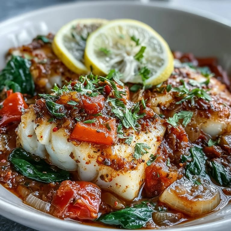 Fork-tender Spiced Cod One Pot with aromatic smoked paprika and cumin, served with lemon wedges and fresh herbs.