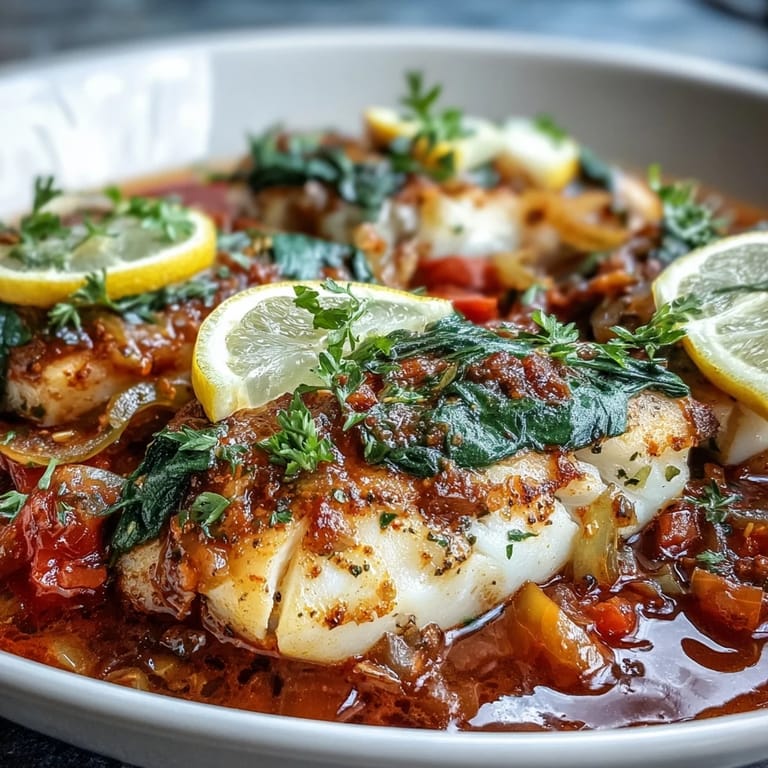 Hearty Spiced Cod One Pot steaming with colorful bell peppers, spinach, and lemon slices, ready to serve family-style.