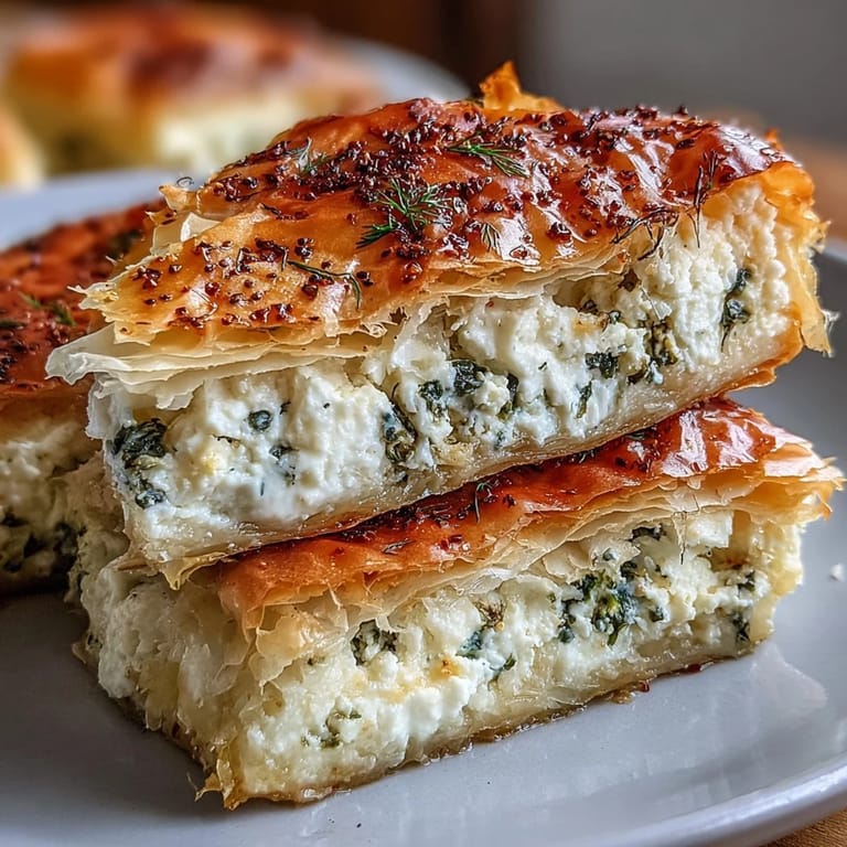 Overhead view of Feta and Kale Börek showcasing flaky pastry brushed with olive oil and a savory, cheesy kale filling.