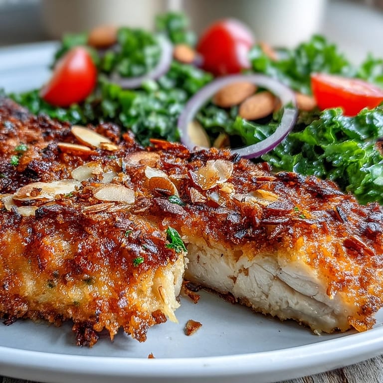 A close-up shows seared almond-crusted chicken with fresh marinated kale and sumac salad, garnished with slivered almonds and cherry tomatoes.
