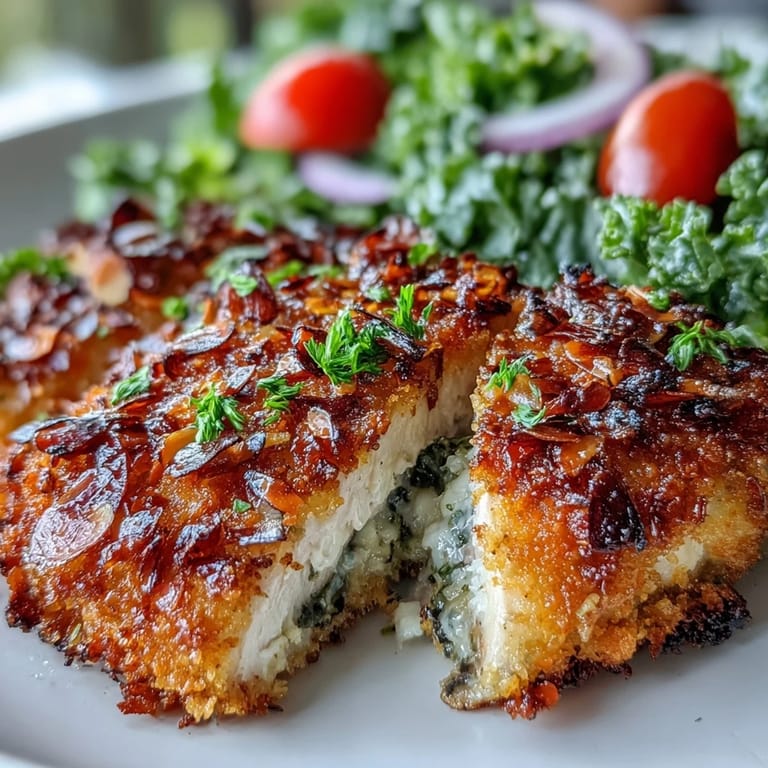 Golden almond-crusted chicken is plated beside a bowl of marinated kale and sumac salad, topped with fresh parsley and red onion.