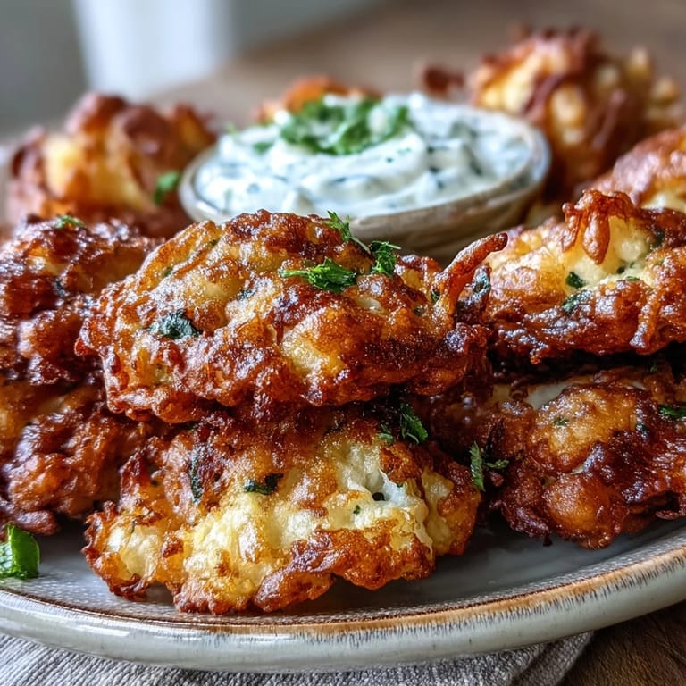 Bowl of spiced Cauliflower Bhajis with a cooling yogurt dip, perfect for an Indian appetizer.