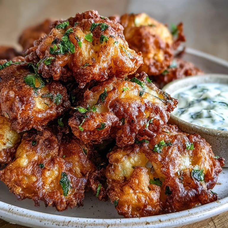 Freshly fried Cauliflower Bhajis resting on a plate, garnished with cilantro and a side of dip.