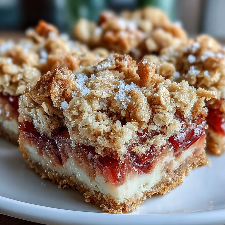 Freshly baked Rhubarb and Custard Crumble Bars dusted with sugar, served on a rustic wooden table.