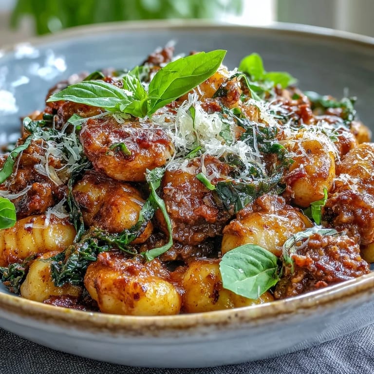 Close-up of Sausage Gnocchi tossed with kale in a chunky tomato sauce, garnished with fresh basil.