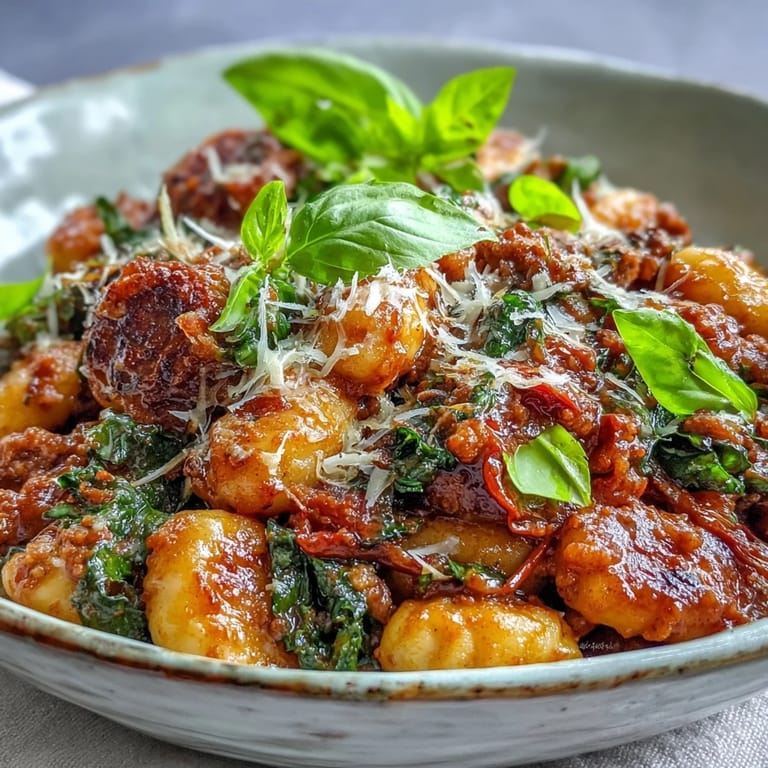 Bowl of Sausage Gnocchi featuring tender dumplings, wilted greens, and spicy crumbled sausage, topped with Parmesan.