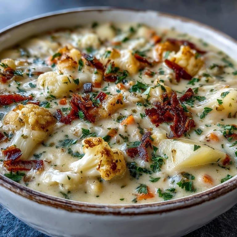 Ladle of hot Vegetarian Cauliflower Chowder topped with smoked paprika and cheese, steam rising from the pot.
