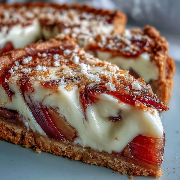 Golden crisp Rhubarb, White Chocolate, and Elderflower Tart topped with glossy roasted rhubarb stalks and a light dusting of powdered sugar for a spring dessert.
