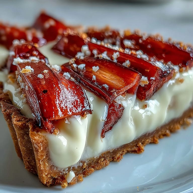 Elegant Rhubarb, White Chocolate, and Elderflower Tart plated with a drizzle of elderflower glaze, ready to be served at a festive gathering.