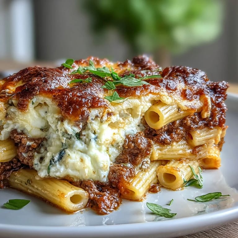 Hearty Cottage Cheese Protein Pasta Bake with al dente penne in rich tomato beef sauce.