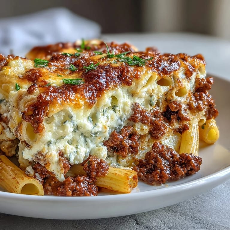 Layered Cottage Cheese Protein Pasta Bake with creamy cheese filling and golden mozzarella topping.