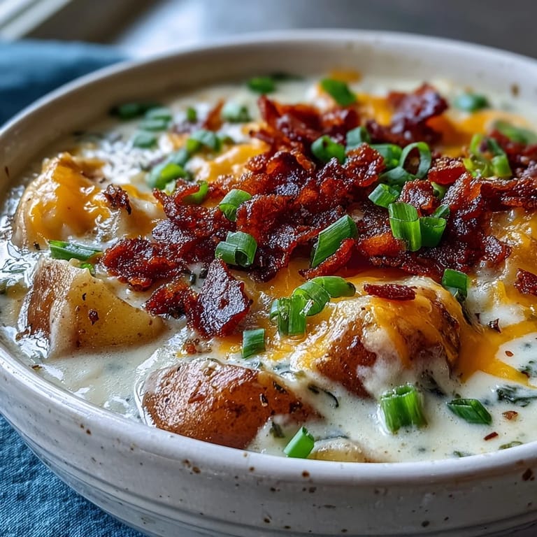Steaming Loaded Potato Soup with tender potato chunks, shredded cheddar, bacon bits, and sliced green onions, ready to enjoy.