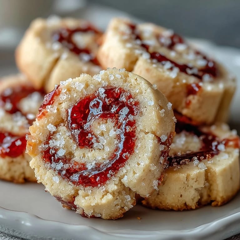A close-up of Raspberry Swirl Shortbread Cookies reveals bright red jam swirls and sandy edges on a cooling rack.