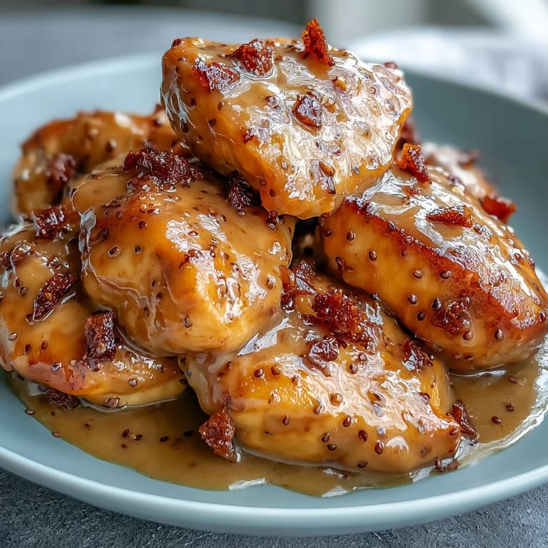 A plate of Slow Cooker Honey Mustard Chicken, sauced and succulent, paired with roasted broccoli for a cozy dinner.