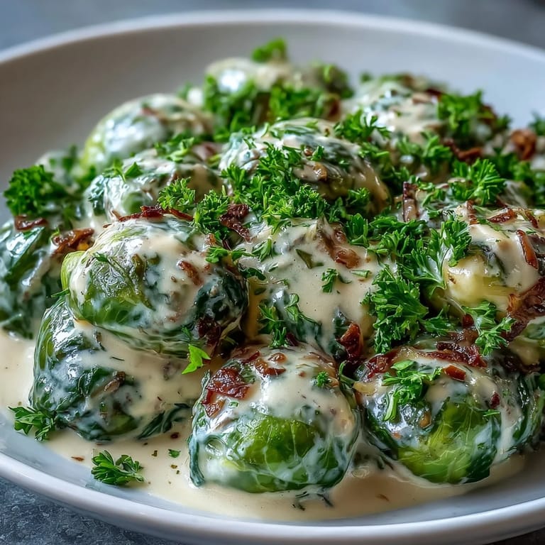 A close-up of Brussels Sprouts in Cream Cheese-Mustard Sauce shows a creamy, glossy coating on each halved sprout.