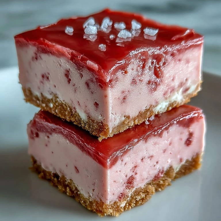 A close-up of creamy No-Bake Strawberry Fudge Squares revealing a crunchy graham cracker crust and soft fudgy texture.