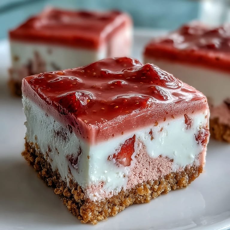 A sliced No-Bake Strawberry Fudge Square showing the smooth white chocolate and strawberry filling, ready to be served cold.