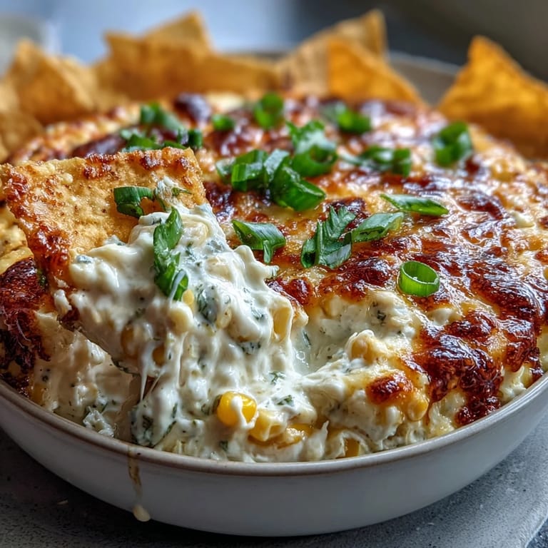 Warm Crack Corn Dip bubbling with melted cheddar and jalapeños, served for game day with tortilla chips.