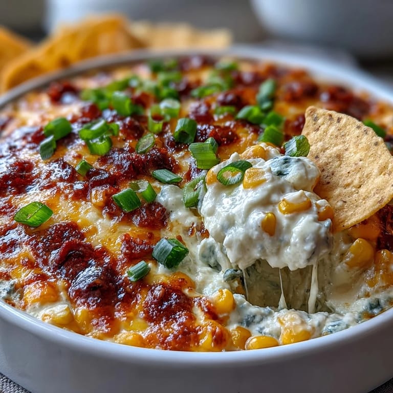 Freshly baked Crack Corn Dip with golden cheese topping, green onions, and creamy corn in a baking dish.