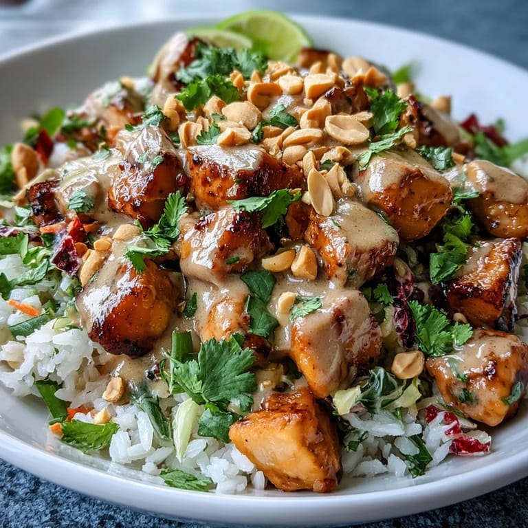 Colorful Peanut Chicken Protein Bowl meal prep idea, with julienned carrots, lime wedges, and a luscious Thai-inspired peanut sauce.