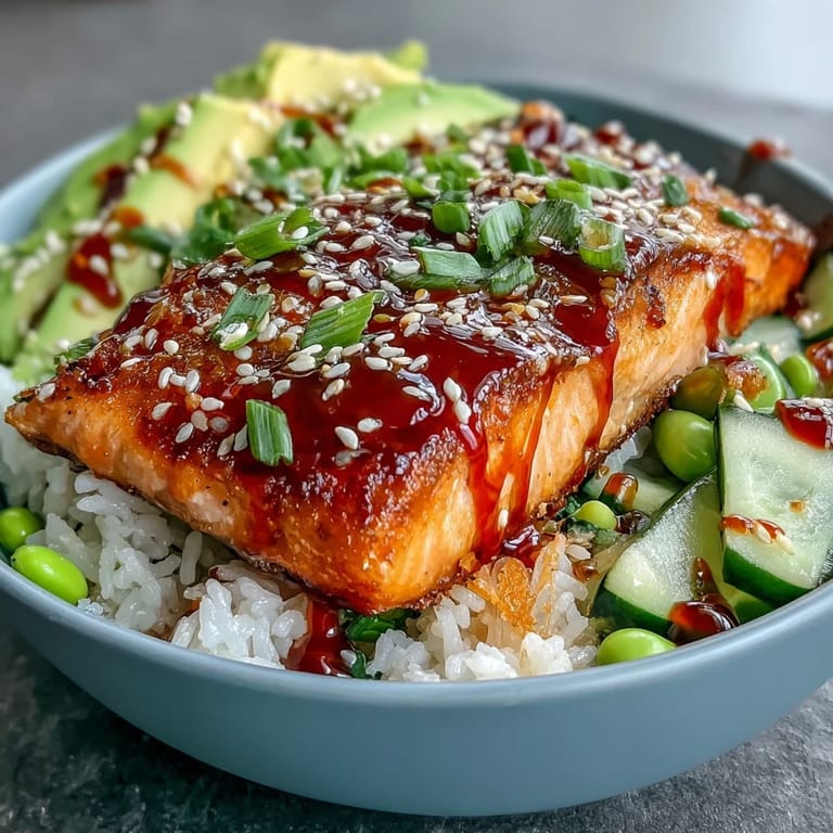 Pan-seared salmon glazed in sweet and spicy honey sriracha sauce atop fluffy rice in a colorful bowl.