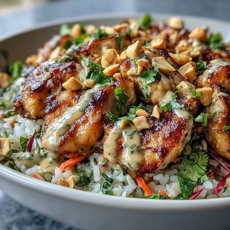 This high-protein lunch features tender chicken, aromatic coconut rice, and crunchy vegetables, all tossed in a savory peanut sauce.