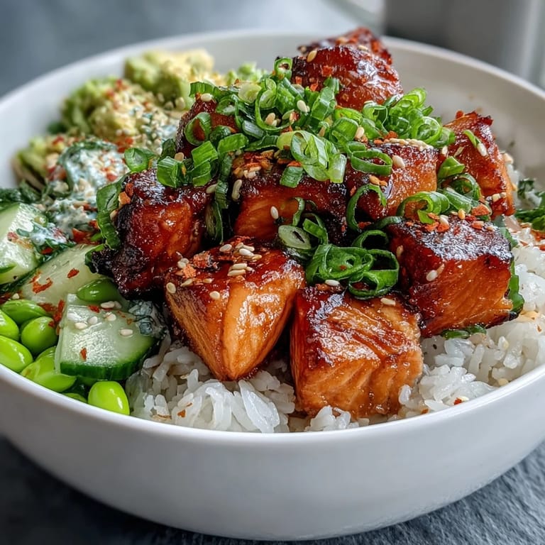 A finished Salmon Rice Bowl features juicy salmon, crisp veggies, and a spicy sriracha mayo drizzle on fluffy jasmine rice, ready to serve.  