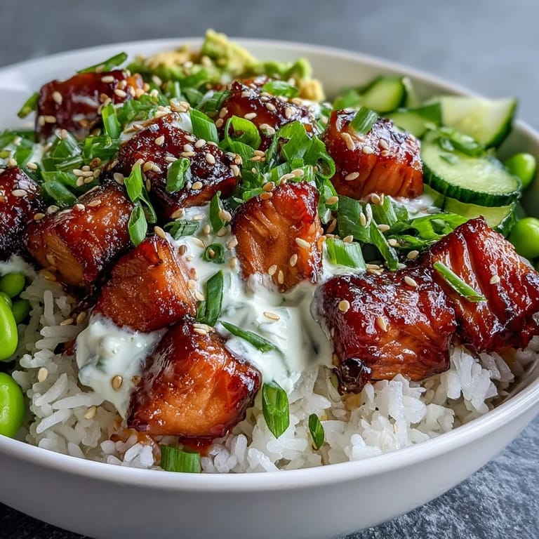 Flaky baked salmon rests atop warm jasmine rice with edamame, cucumber, avocado, and a drizzle of spicy sriracha mayo in this Salmon Rice Bowl.