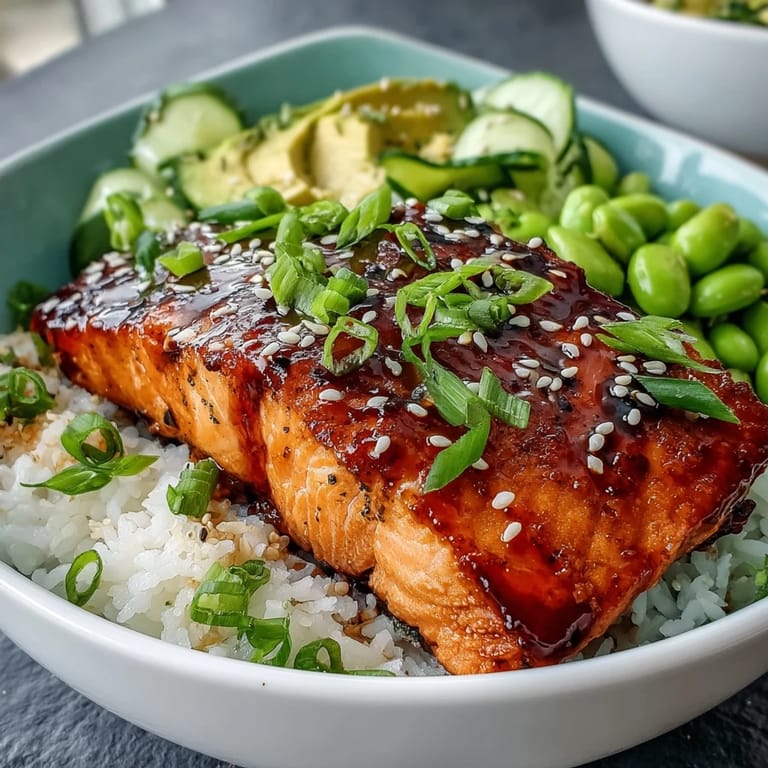 Pan-fried salmon fillet glazed in sticky honey sriracha sauce, nestled in a colorful bowl with fresh veggies.