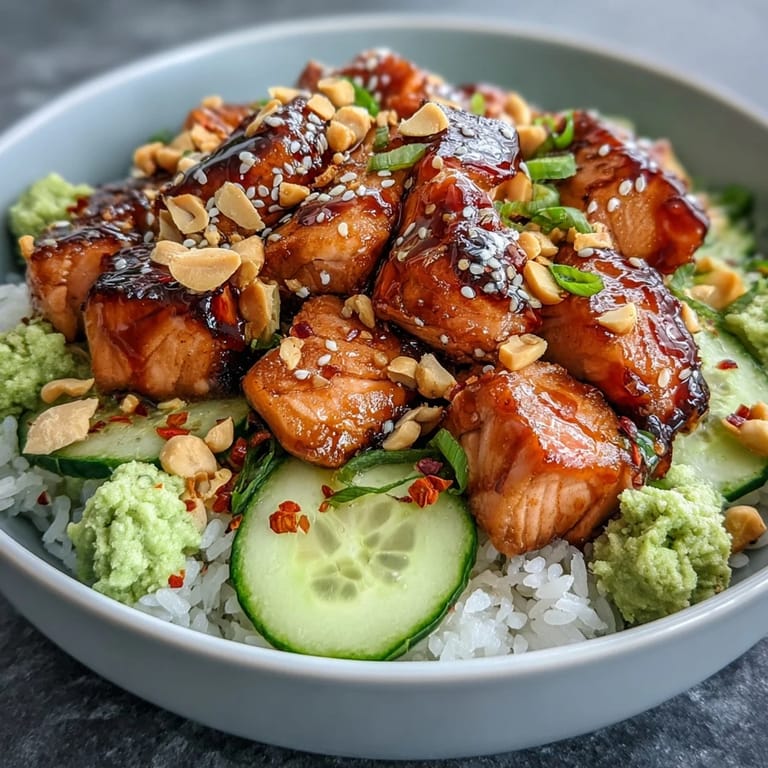 Fusion-style avocado salmon bowl topped with crunchy peanuts, fresh cucumber, and a dab of wasabi on a warm rice base.