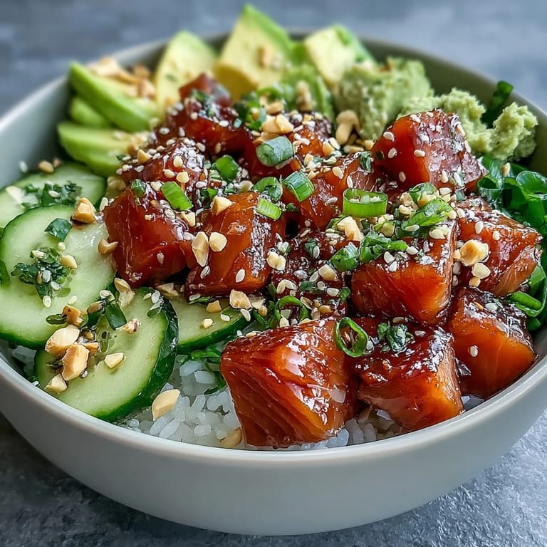 Close-up of an easy avocado salmon bowl garnished with nori strips, sesame seeds, and lime wedges for a zesty finish.