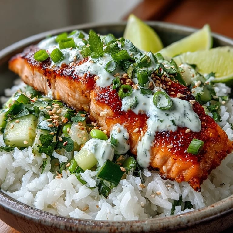 A close-up of a Bang Bang Salmon Bowl, highlighting the glaze and fresh herbs.