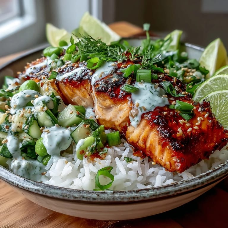 Close-up of a flavorful Bang Bang Salmon Bowl, showcasing flaky fish, vibrant salsa, and creamy spicy sauce.
