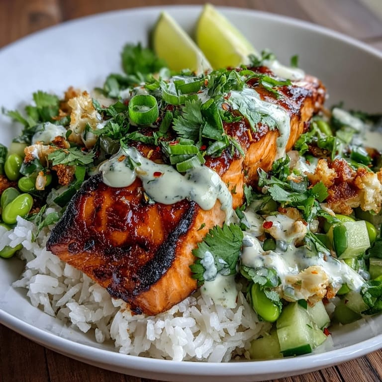 A close-up of the bang bang salmon bowl reveals flaky fish, colorful salsa, and a generous swirl of spicy-sweet sauce over steamed rice.
