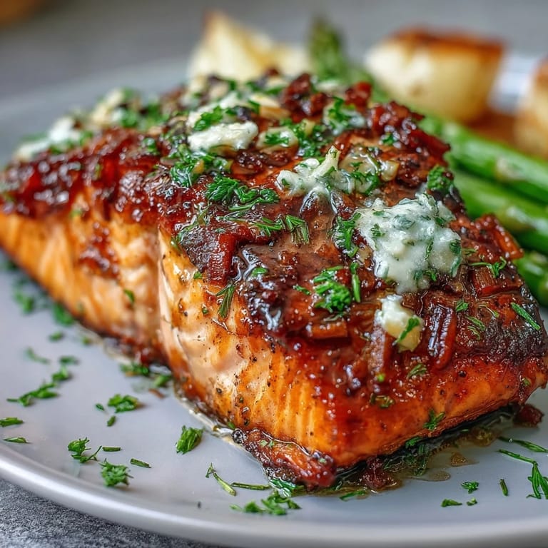 Tender salmon fillets nestled beside crisp asparagus spears, baked in rich garlic butter for a satisfying dinner.
