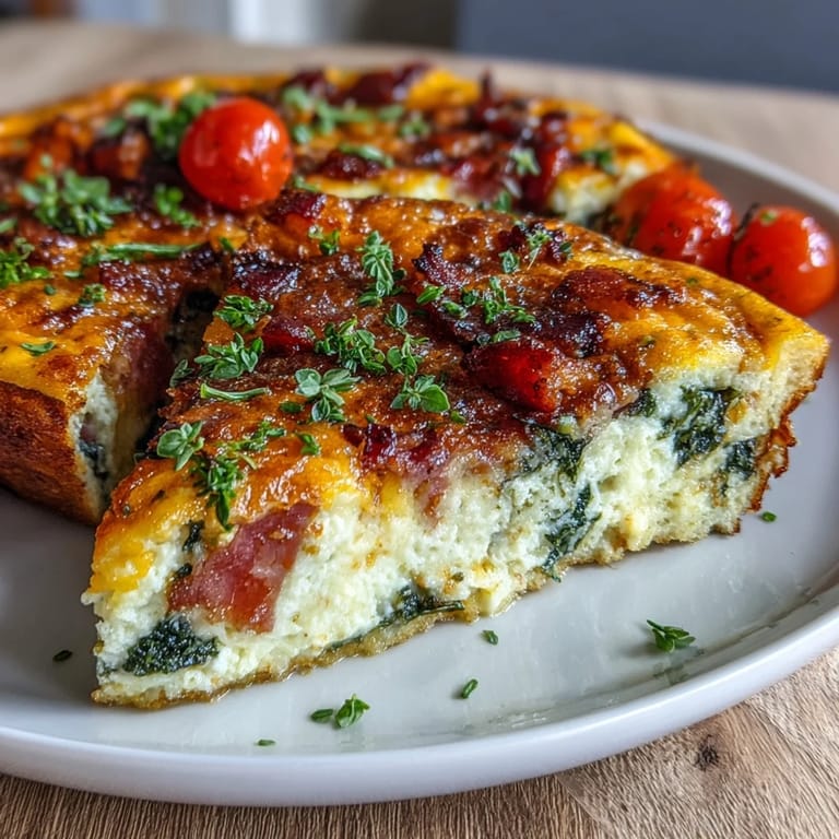 Golden One-Pan Ham and Cheese Frittata loaded with diced ham, spinach, and cherry tomatoes, perfect for a satisfying breakfast or brunch.